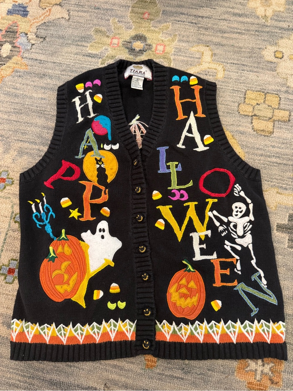 Vintage Tiara International Happy Halloween Sweater Vest Sz L Pumpkins Ghost